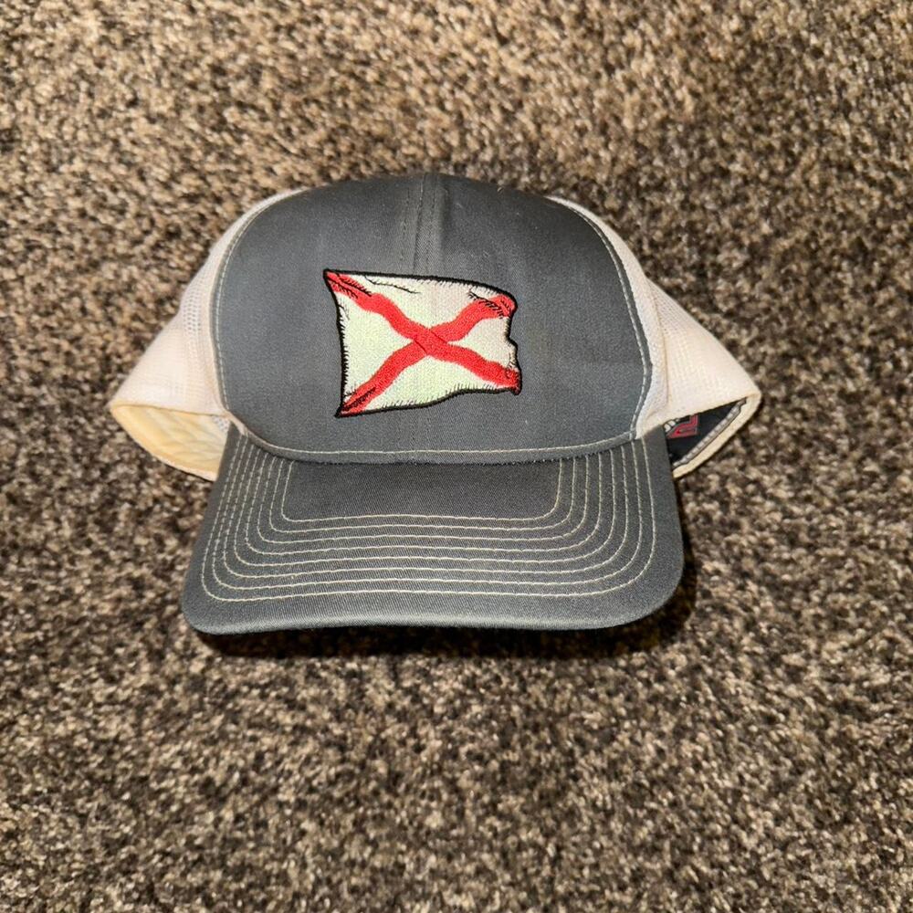 Gray and White Trucker Hat with Flag Patch